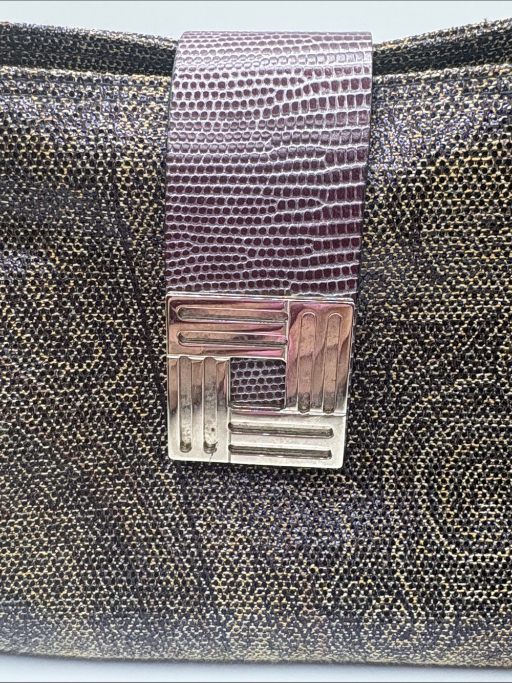 Etro Metallic Brown & Purple Shimmer Fabric & Leather Baguette Italian Designer